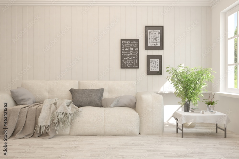 White living room with sofa. Scandinavian interior design. 3D illustration White living room with sofa. Scandinavian interior design. 3D illustration