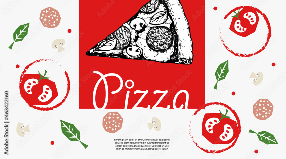 Italian pizza design template. Pepperoni pizza slice in hand drawn sketch style and pizza ingredients in flat modern style. Best for flyers, menu designs, , banners, packages and other.  - obrazy, fototapety, plakaty 