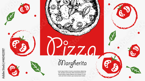 Italian pizza design template. Pizza Margherita in hand drawn sketch style and pizza ingredients in flat modern style. Best for flyers, menu designs, banners, packages and other. Vector illustration.