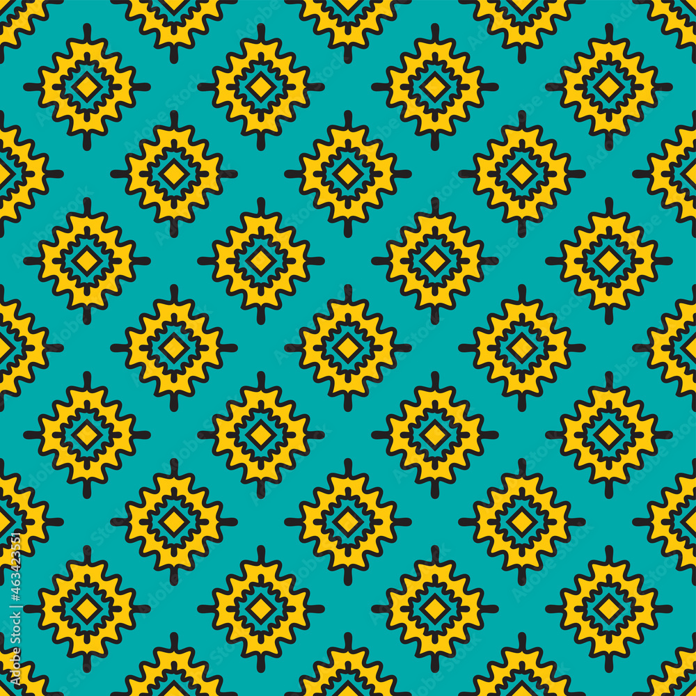 African Design Pattern in Yellow and Teal for Fabric and Textile Print.