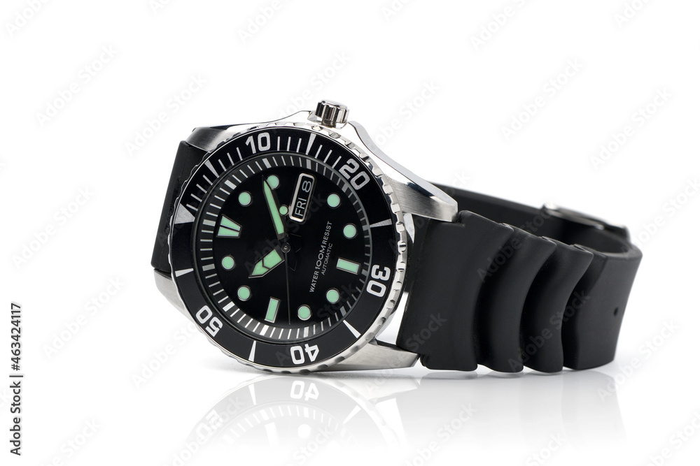 Dive watch with black rubber strap isolated on white background. Dive watch with black rubber strap isolated on white background.