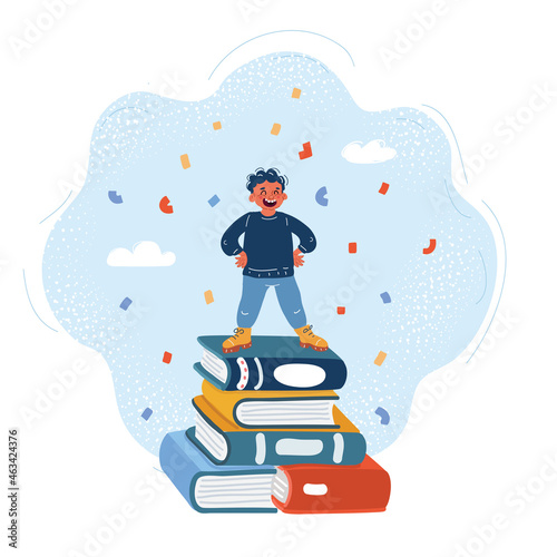 Vector illustration of Boy stand at big stack of book