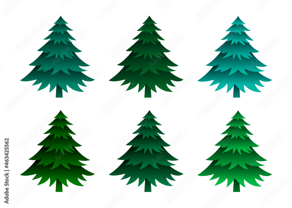 Christmas trees vector set. Collection of green and blue cartoon fir trees.