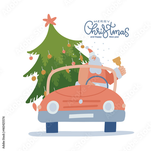 Vintage red cabriolet with santa claus holding bell in hand and big christmas tree. Vector isolated flat style illustration. Merry christmas stylized typography.