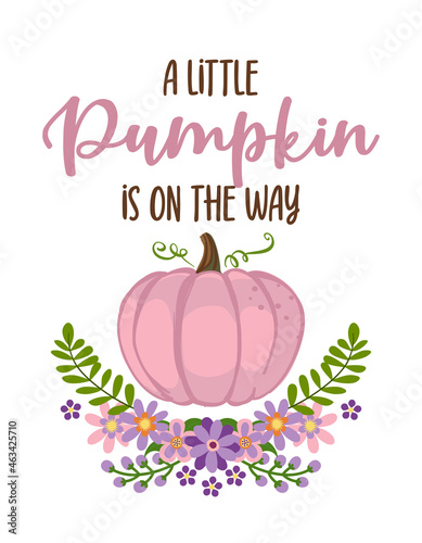 A little pumpkin is on the way - Pregnant vector illustration with pink pumpkin. Typography illustration for new borns. Good for Gender rival party, baby shower, announcement card.