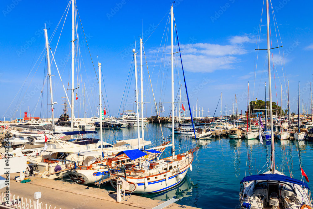 White yachts in the sea harbor of Kemer, Antalya province in Turkey. Kemer Marina on the Mediterranean sea