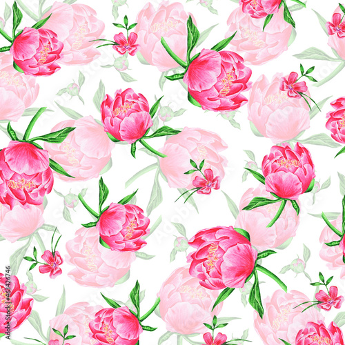 Flower pattern. Pink peonies. Idea for textiles, prints, packaging, wallpaper and more. Watercolor. Botanical painting.  