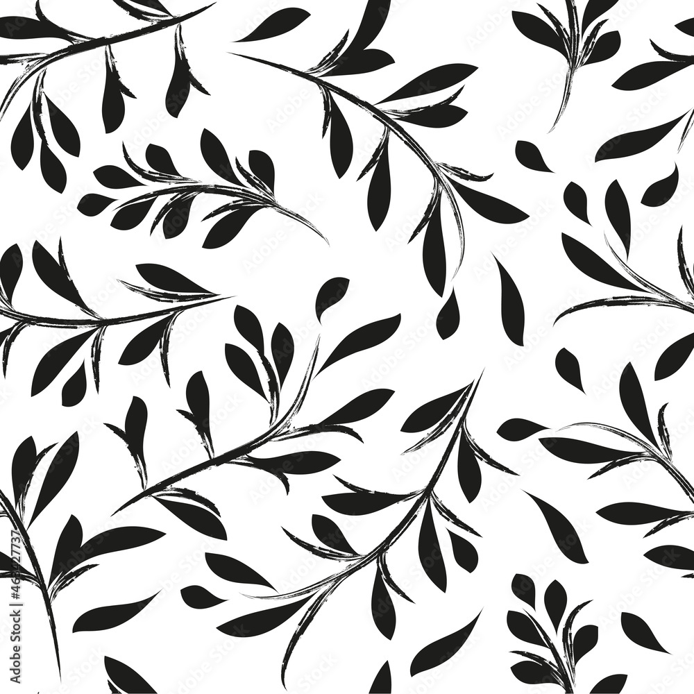 Seamless black and white botanical pattern. Hand-drawn leaves and twigs. Natural background for textile, cover, wallpaper, gift packaging, printing.Romantic design for calico, silk. Seamless black and white botanical pattern. Hand-drawn leaves and twigs. Natural background for textile, cover, wallpaper, gift packaging, printing.Romantic design for calico, silk.
