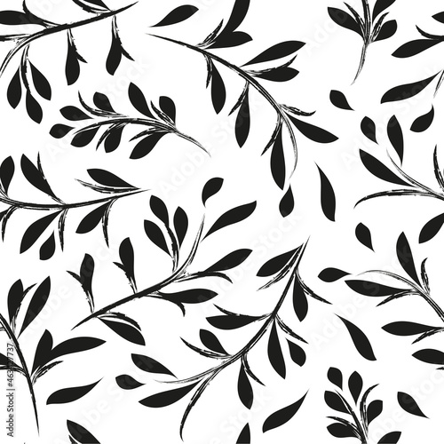 Seamless black and white botanical pattern. Hand-drawn leaves and twigs. Natural background for textile, cover, wallpaper, gift packaging, printing.Romantic design for calico, silk.