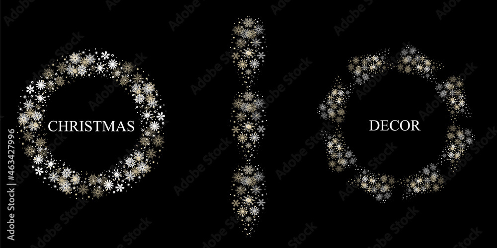 Christmas and New Year's decor. Round frames and  border of gold and white snowflakes. Isolated on black background.
