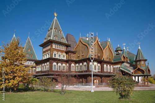 Moscow, Russia - October 7, 2021: View of the palace of Tsar Alexei Mikhailovich in Kolomenskoye on an autumn sunny day