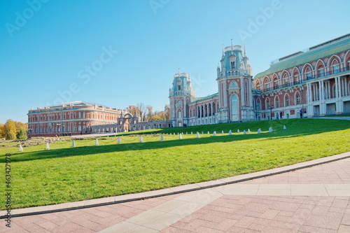 Moscow, Russia - October 7, 2021: State Historical and Architectural Museum "Tsaritsyno". Autumn view of the Grand Palace and the Bread House
