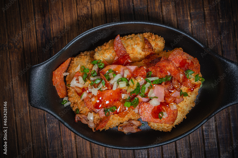 Meat stew with baked potatoes- hunter style. Fastfood- restaurant concept Meat stew with baked potatoes- hunter style. Fastfood- restaurant concept