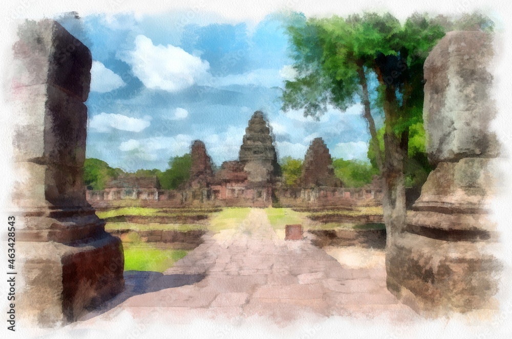 Fototapeta premium balcony and windows of european architecture watercolor style illustration impressionist painting.