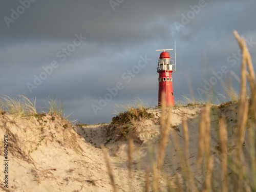 Red Lighthouse at Schiermonnikoog. Noordertoren. with beautiful scenery  lights and heavy sky in the dunes 