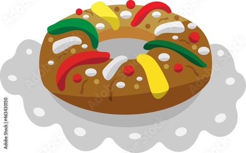 Christmas king cake. Typical Portuguese and Spanish Christmas cake vector illustration. Bolo rei, rosca de reyes. king cake