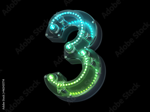 Futuristic green light font. Number 3. 