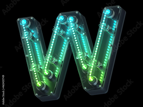 Futuristic green light font. Letter W. 