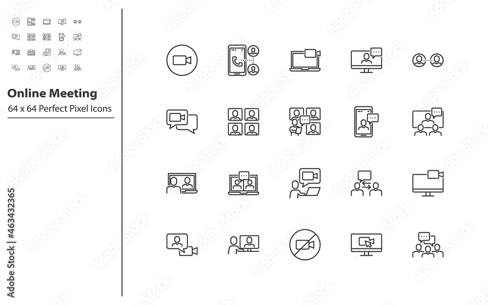 set of online meeting line icons, video call, video conference