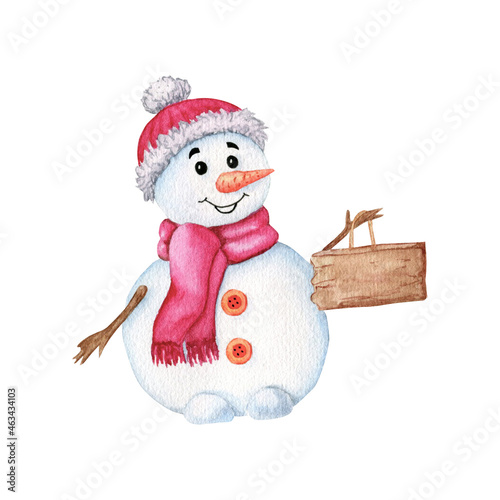 Watercolor illustration. Snowman in a hat holding a wooden sign 