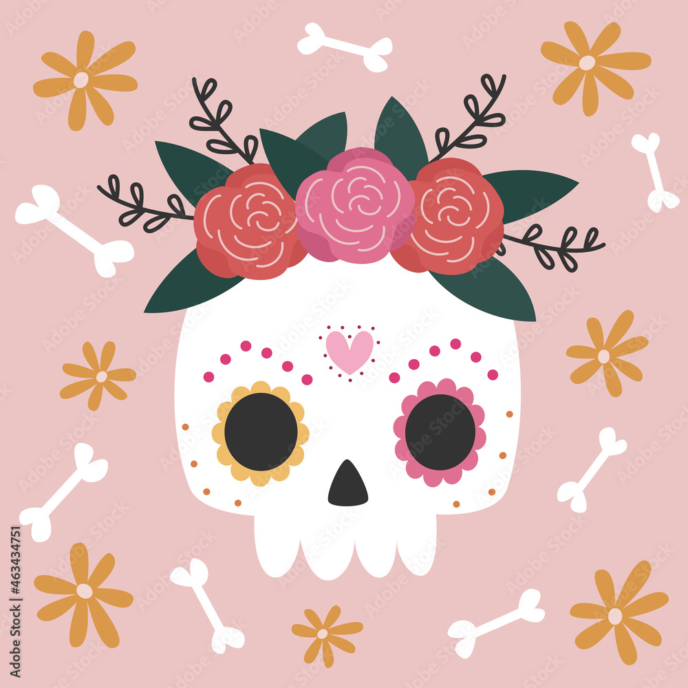 Dia de los muertos, Mexican Day of the Dead cute cartoon greeting card  vector colorful illustration Stock Vector | Adobe Stock