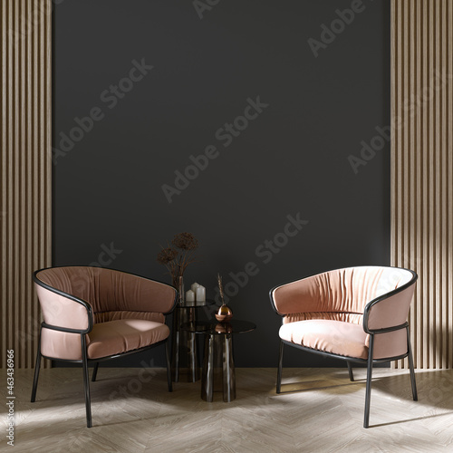 Modern wooden office interior lobby with cozy seats and empty dark wall. 3D rendering. photo