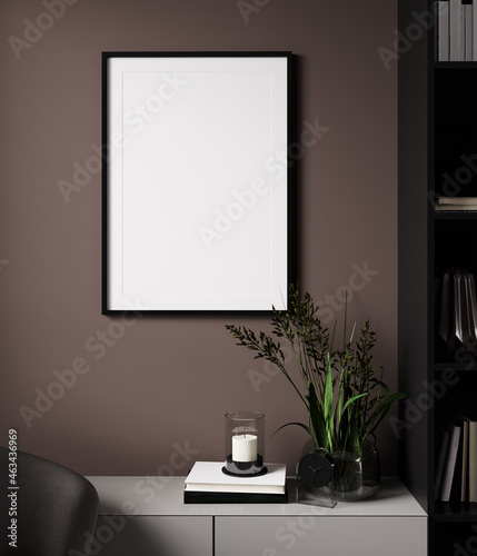 poster frame mock up on chest of drawers in living room home interior with grass plants, 3d rendering © Liliia