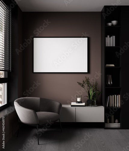 Blank horizontal picture frame mock up in Modern room interior background with dark wall and stylish armchair near console, elegant, luxury, 3d rendering