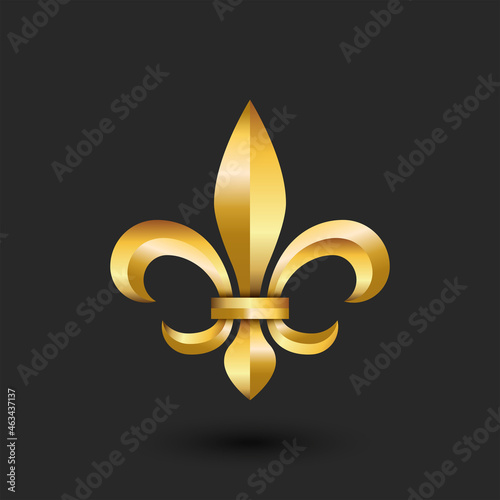 Golden heraldic lily 3d logo, gold gradient faceted emblem creative design, metallic fleur-de-lys French royalty symbol.