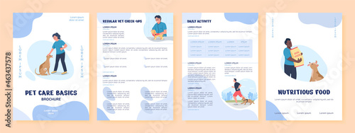 Pet care basics flat vector brochure template. Flyer, booklet, printable leaflet design with flat illustrations. Magazine page, cartoon reports, infographic posters with text space