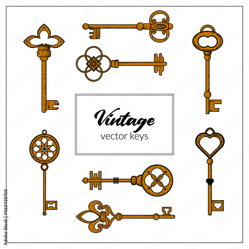 Vector hand drawn vintage key set. Perfect for textile, book covers, wallpapers, design, graphic art, printing, hobby, invitation scrapbooking