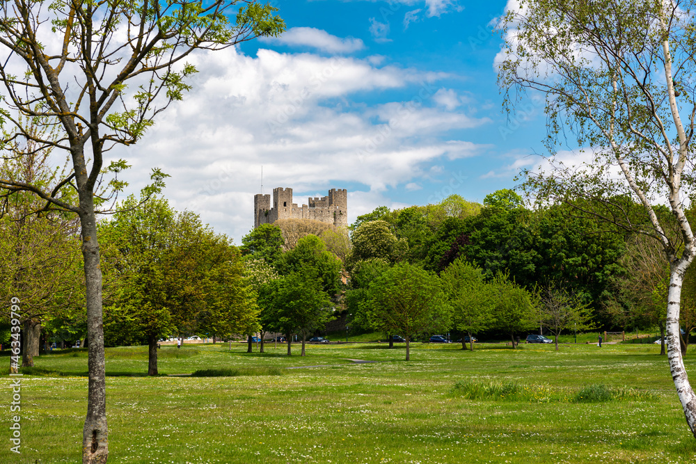 Rochester Castle in Kent viewed from one of the parks in the city