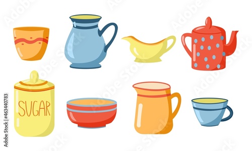 Collection of ceramic kitchenware Mug, cap, teapod, sugar bowl, gravy boat, jag.