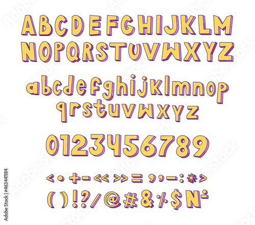 Collection of latin letters, numbers and punctuation marks. English alphabet. Colorful font.