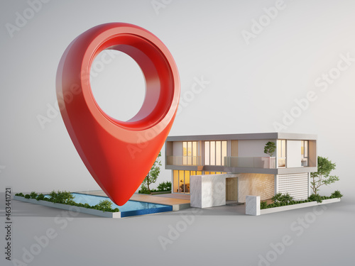 Modern house with location pin icon on white background in real estate sale or property investment concept. Buying land for new home. 3d illustration of big red map pointer symbol near small building. photo