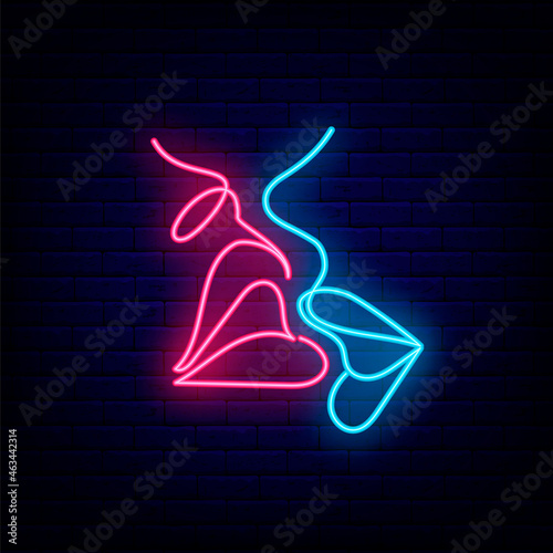 Man and woman kiss neon sign on brick wall background. Happy Valentine day. One line drawing. Vector illustration