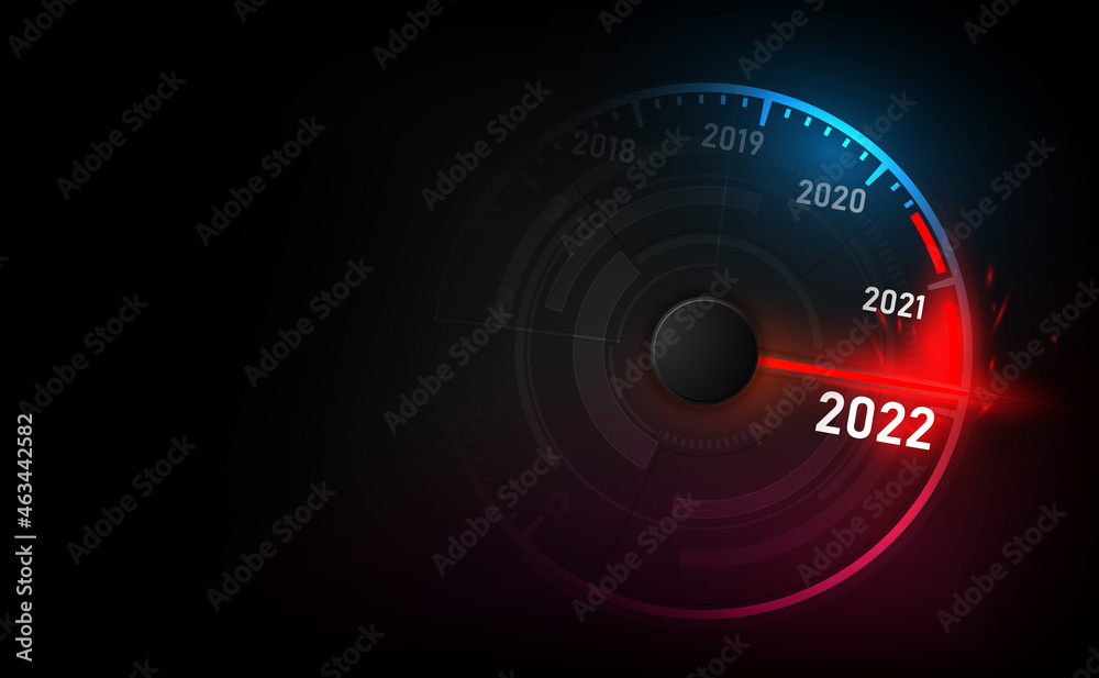 New year 2022 car speedometer, red indicator on black blur background - obrazy, fototapety, plakaty 