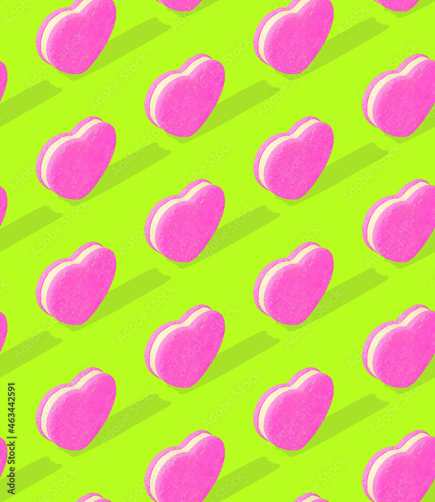 Seamless 3d rendern isometric pattern.  Minimal design. Pink Heart biscuit. Sweet candy shop, Valentine's Day, birthday party concept