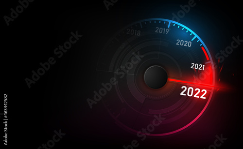 New year 2022 car speedometer, red indicator on black blur background