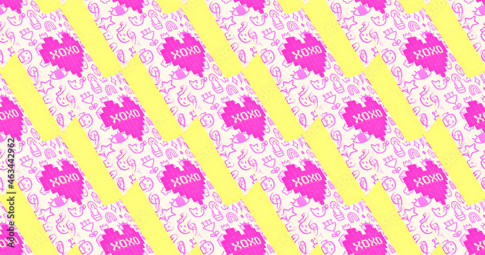 Seamless 3d render pattern. Banner. Minimal design. Creative candy box.  Sweet candy shop, valentines day, birthday party concept. Text XOXO