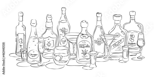 Group of bottles and glasses vodka, champagne, whiskey, vermouth, tequila, martini, rum, liquor in hand drawn style. Beverage outline icon. Line art sketch. Black contour object on white background