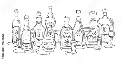 Group of bottles and glasses vodka, champagne, whiskey, vermouth, tequila, martini, rum, liquor in hand drawn style. Beverage outline icon. Line art sketch. Black contour object on white background