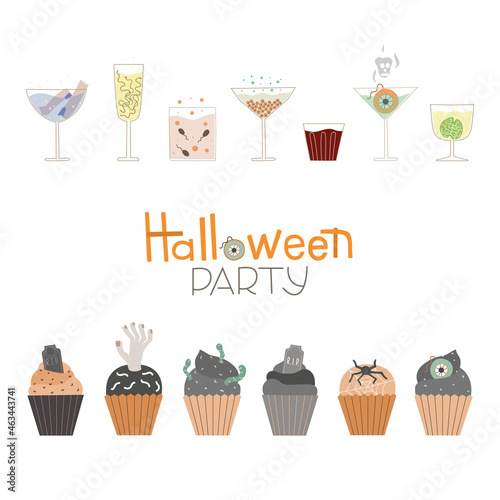 Vector border for Halloween party. Illustration with treats, horror coctails and decorated cupcakes can use for invitation, evite, card, message, menu.