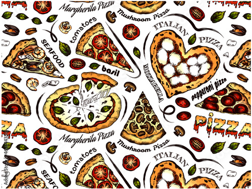 Sketch hand drawn pattern of italian pizza isolated on transparent background. Drawing mozzarella cheese, tomatoes, basil, seafood, pepperoni, mushroom, margherita pizza wallpaper. Vector illustration