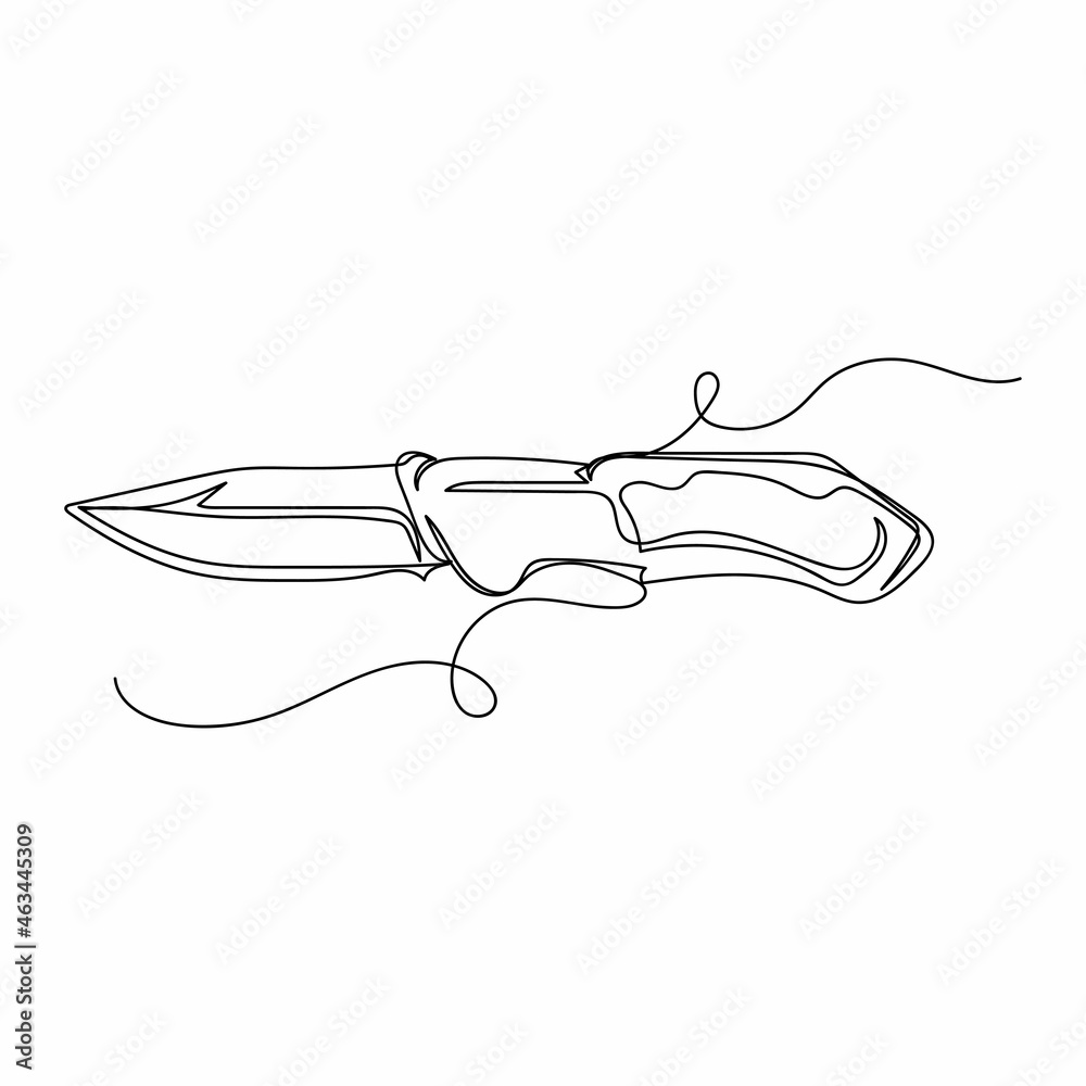 Vector illustration continuous one single line drawing of pocket knife with open pivoted locking blade in silhouette on a white background. Linear stylized. Vector illustration continuous one single line drawing of pocket knife with open pivoted locking blade in silhouette on a white background. Linear stylized.