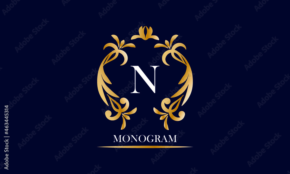 Golden elegant monogram on a black background with the inscription and the letter N in white. Vector heraldic illustration. Luxury ornament sign, restaurant, boutique, cafe, hotel Golden elegant monogram on a black background with the inscription and the letter N in white. Vector heraldic illustration. Luxury ornament sign, restaurant, boutique, cafe, hotel
