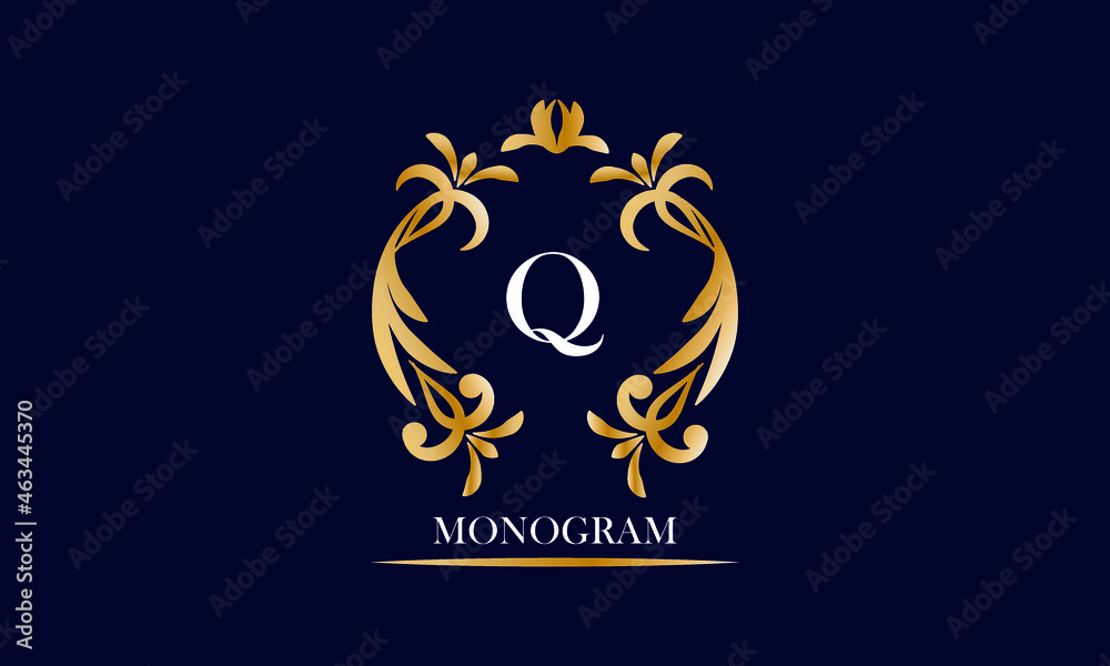 Obraz premium Golden elegant monogram on a black background with the inscription and the letter Q in white. Vector heraldic illustration. Luxury ornament sign, restaurant, boutique, cafe, hotel