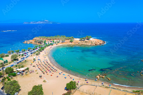 Aerial view of famous beach Agioi Apostoloi, Chania, Crete, Greece.