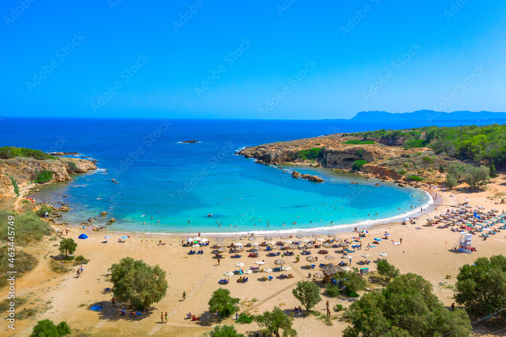 Aerial view of famous beach Agioi Apostoloi, Chania, Crete, Greece.