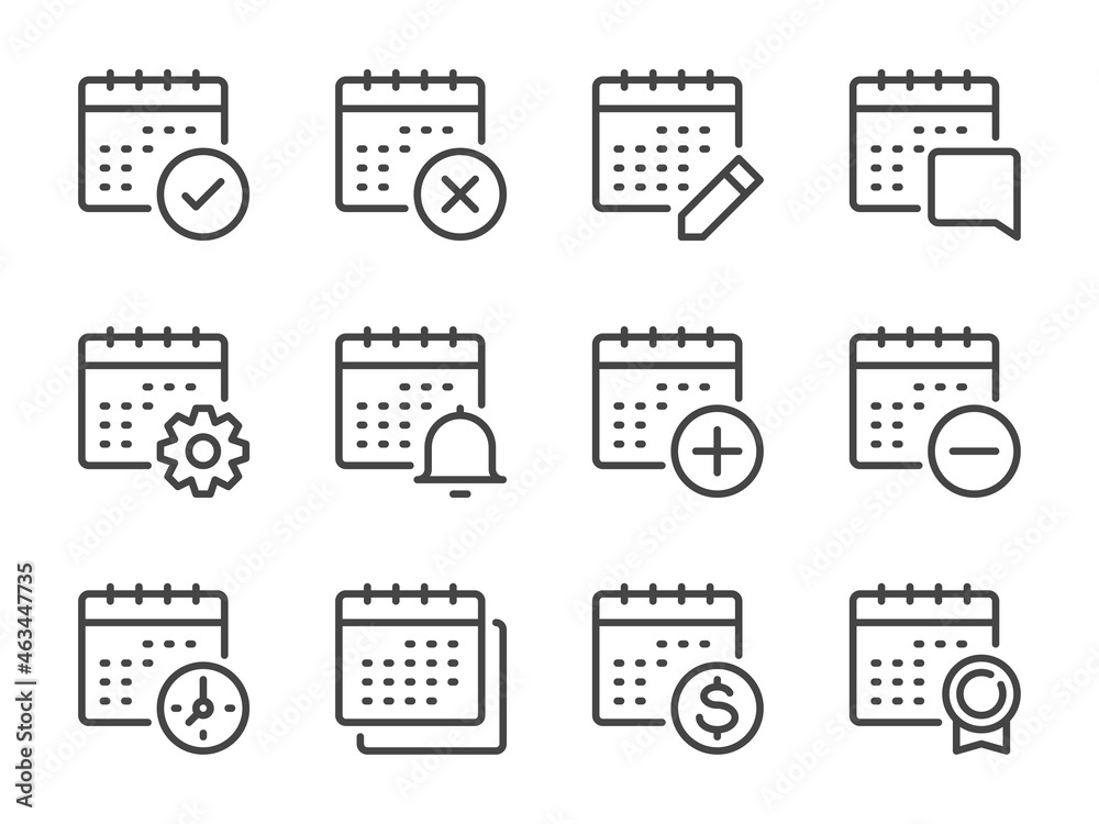 Calendar and Timetable line icons. Date, Calendar settings and Schedule vector outline icon set.